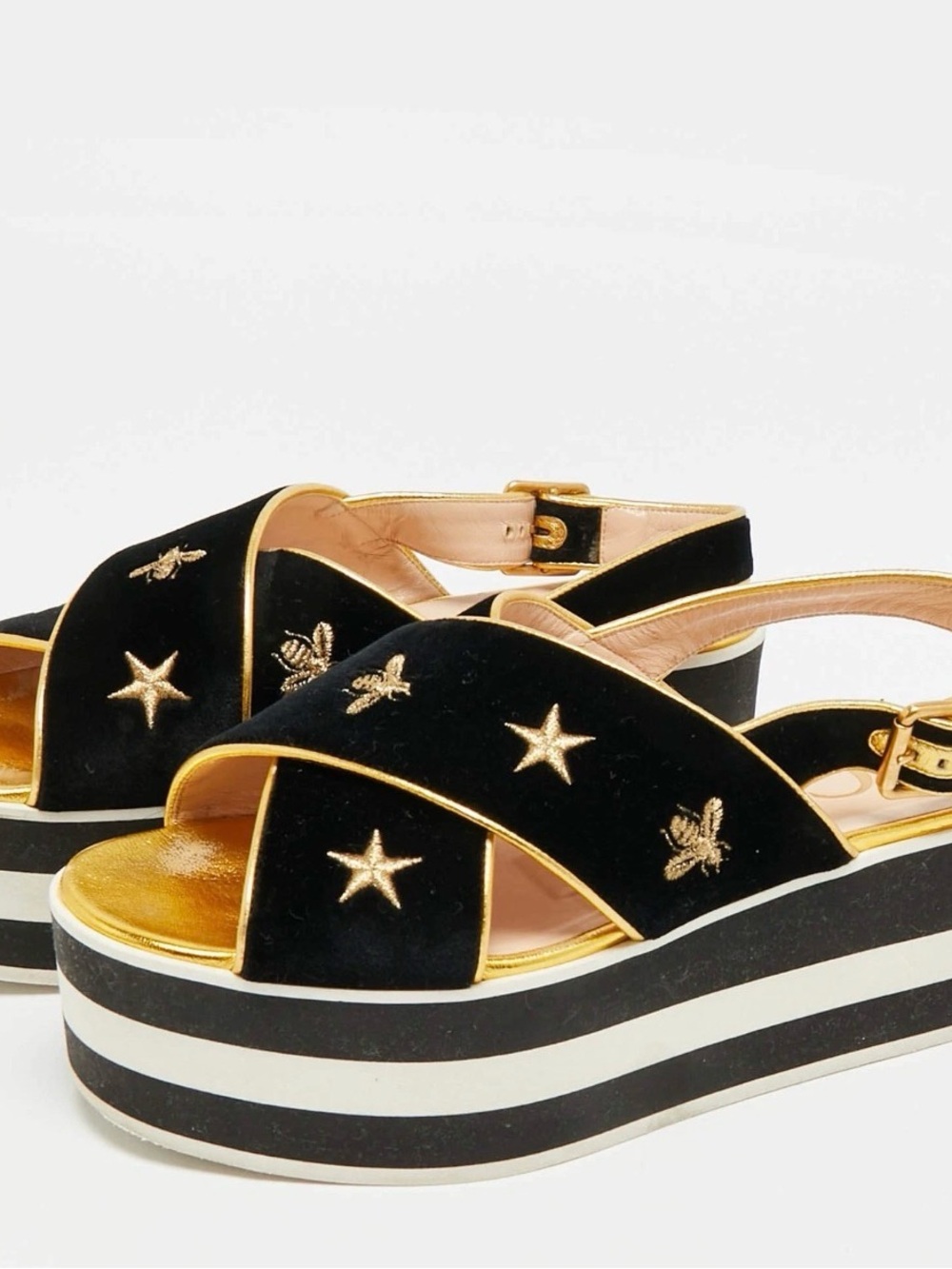 Gucci Black Velvet Star & Bee Embroidered Platform Sandals